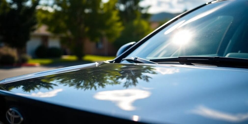 A car parked in a sunny suburban setting.