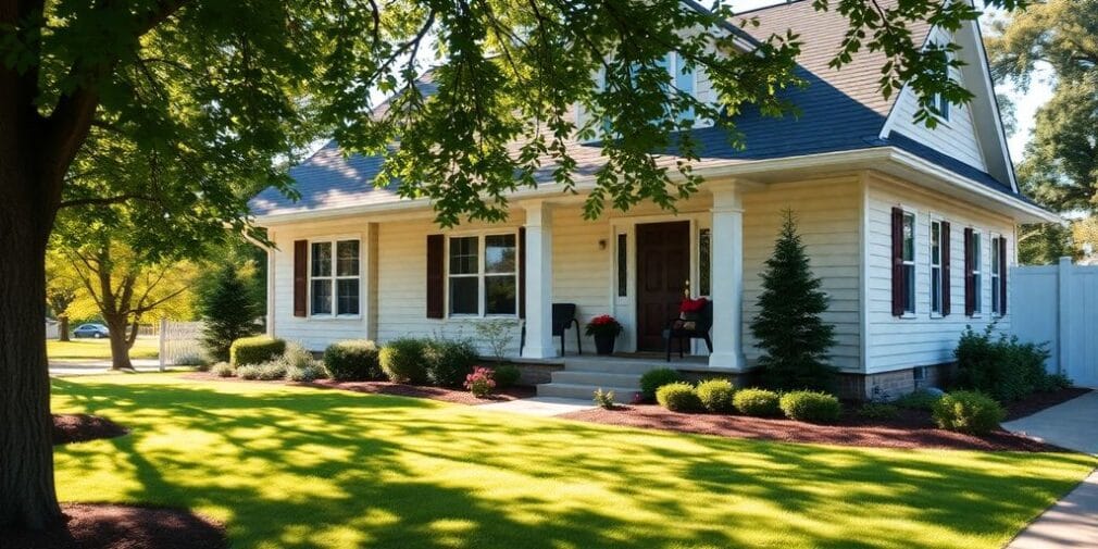 Cozy home with a manicured lawn under sunlight.