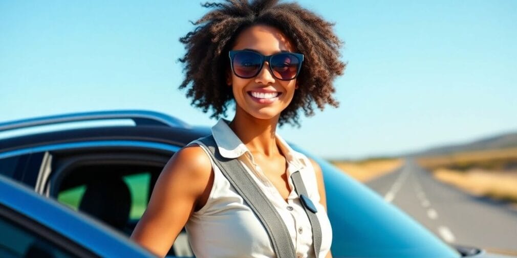 A happy driver with a car on a sunny road.