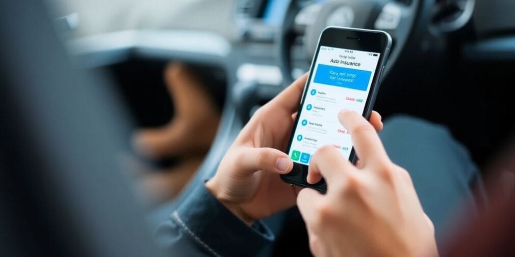 Person managing auto insurance on smartphone inside a car.