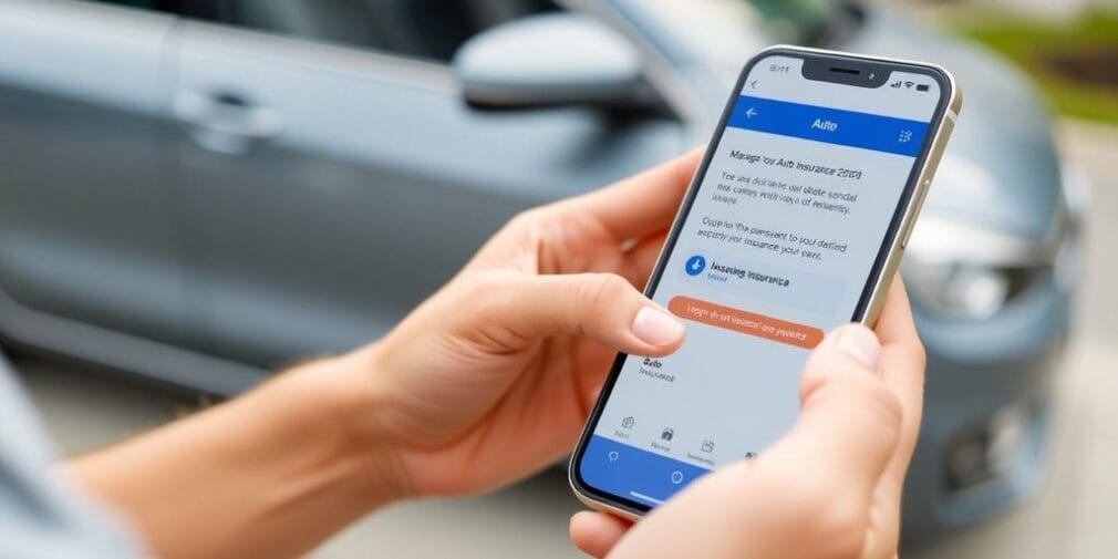 Person managing auto insurance on smartphone with car nearby.