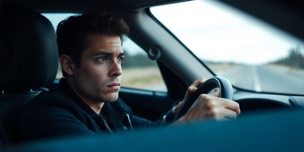 Concerned driver in a car on an empty road.