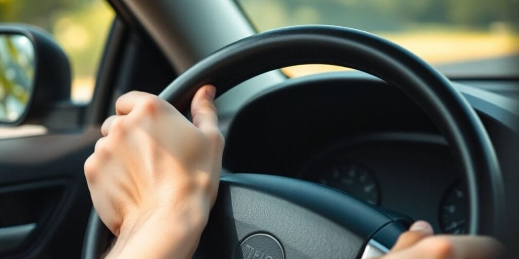 Steering wheel in a car, hands gripping tightly.