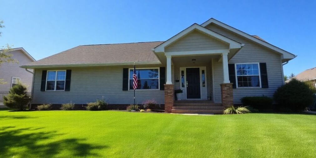 Cozy home in Wisconsin with green lawn and blue sky.