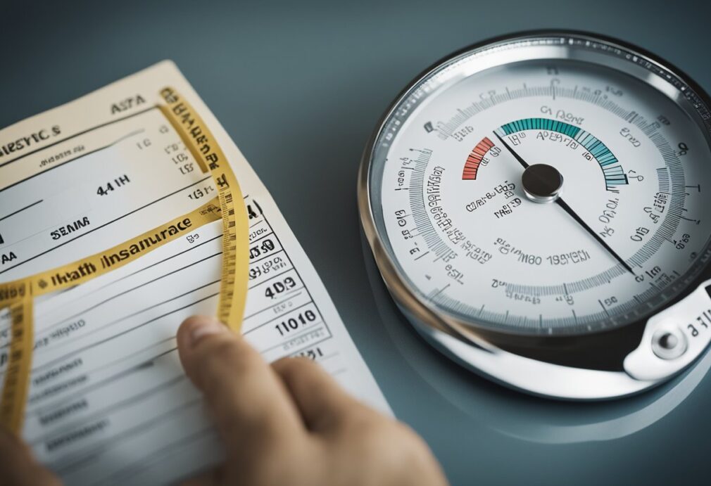 A person comparing two scales: one labeled "health insurance" and the other "HSA," with various health-related items on each side