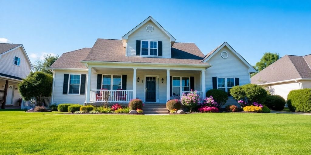 A beautiful suburban home with a lush lawn and porch.