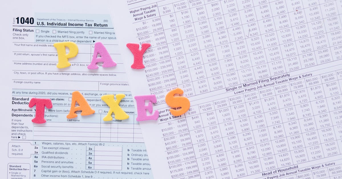 Close up of U.S. tax forms with colorful 'PAY TAXES' letters emphasizing financial deadlines.