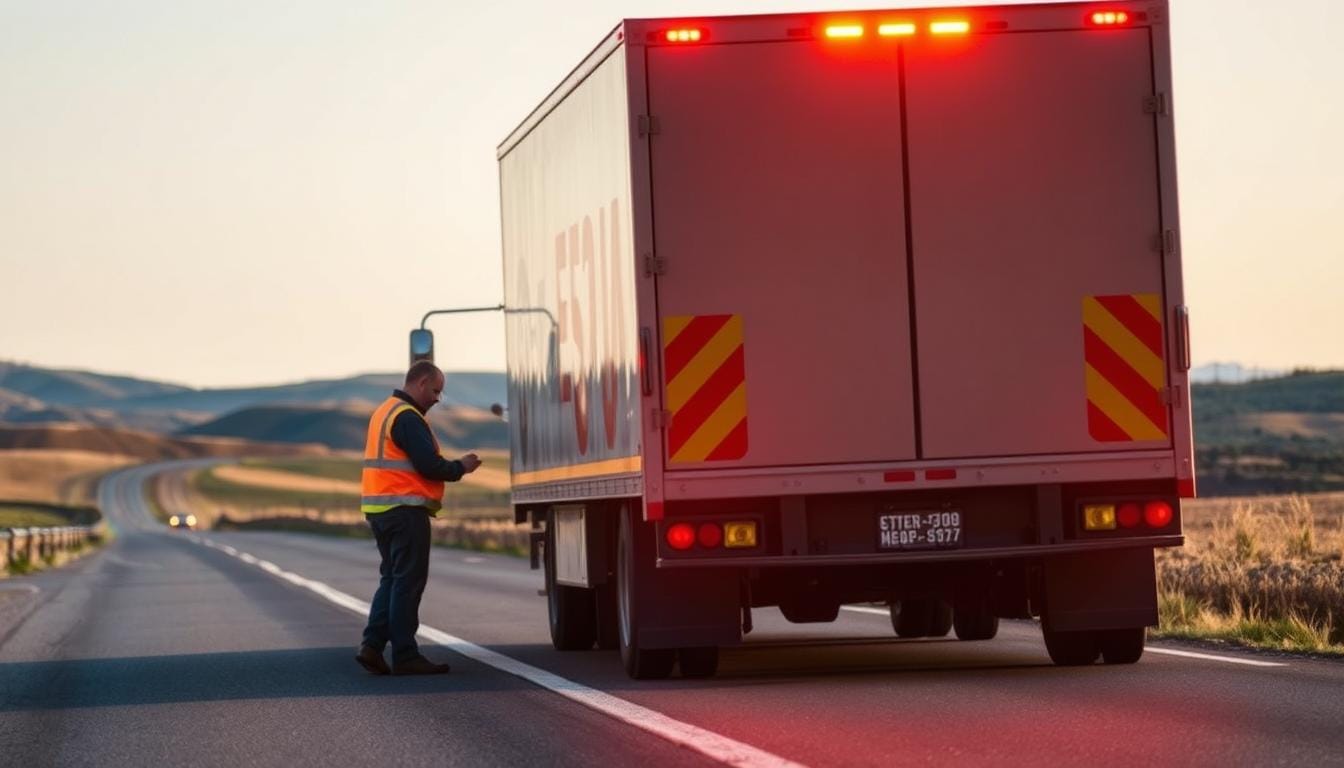 A well-lit, high-resolution photograph of a roadside assistance truck on a rural highway, with a mechanic in a reflective vest inspecting a broken-down vehicle on the shoulder. The truck's emergency lights are flashing, casting an warm amber glow across the scene. In the background, rolling hills and a clear sky create a sense of tranquility. The image conveys the sense of security and reliability provided by roadside assistance services when facing unexpected vehicle issues during a road trip.