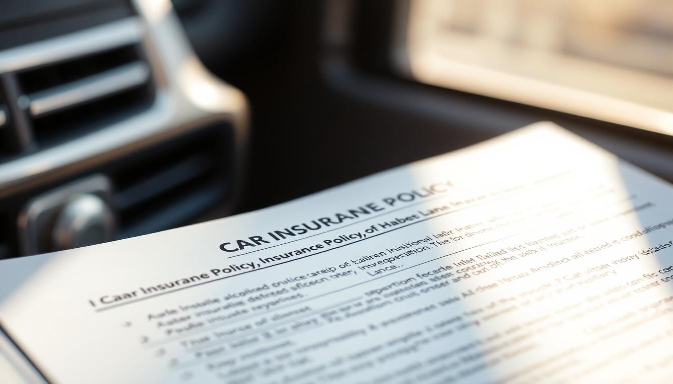 A close-up view of an open car insurance policy document, illuminated by warm, natural lighting. The document's pages are neatly displayed, showcasing the detailed coverage information, including liability limits, deductibles, and policy terms. The background is slightly blurred, creating a sense of focus on the insurance policy's contents. The composition emphasizes the importance and relevance of personal auto insurance coverage, conveying a sense of security and protection.