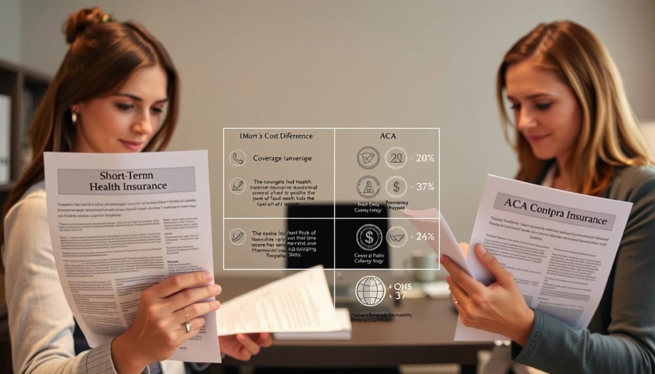 A detailed side-by-side comparison of a short-term health insurance plan and an ACA-compliant plan. In the foreground, two people, one holding a short-term policy document and the other an ACA plan, examining and comparing the details. The middle ground showcases key differences in coverage, cost, and accessibility, visualized through infographic-style illustrations. The background is a muted, professional office setting, suggesting the practical decision-making context. Warm, neutral lighting and a slightly elevated camera angle convey a sense of thoughtful analysis. The overall mood is one of informed comparison, guiding the viewer to weigh the trade-offs between temporary and comprehensive health coverage options.
