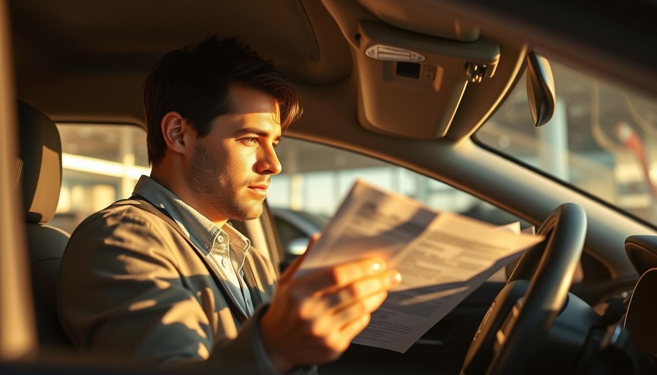 A driver carefully reviewing insurance documents during a test drive, with the dealership's showroom visible in the background. The scene is bathed in warm, natural lighting, creating a sense of focus and attention to detail. The driver's expression conveys a sense of diligence and responsibility as they navigate the insurance process. The car's interior is prominently featured, with the steering wheel and dashboard elements visible, emphasizing the test drive experience. The overall composition and attention to visual cues create an image that effectively illustrates the "Managing Insurance During the Test Drive Period" section of the article.