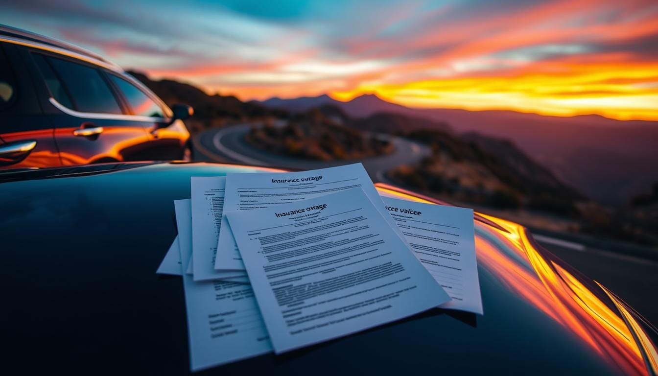A well-equipped vehicle with customized coverage options, framed against a backdrop of winding mountain roads and a vibrant sunset sky. In the foreground, a sleek, personalized car, its gleaming exterior reflecting the warm hues of the fading light. The middle ground showcases an array of insurance policy documents, meticulously organized, highlighting the comprehensive protection tailored to the needs of the borrowed vehicle. In the distance, the majestic peaks of a mountain range, their silhouettes standing tall against the colorful, softly blurred horizon. Gentle shadows and highlights accentuate the details, creating a sense of depth and atmosphere. The overall mood is one of confidence, security, and the freedom to embark on a carefree road trip adventure.