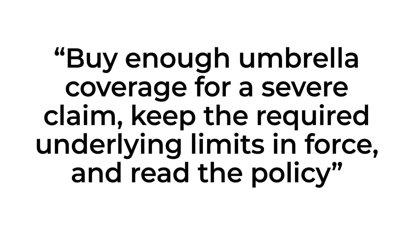 Stylized quote highlighting the recommendation to buy enough umbrella coverage, keep underlying limits in force, and read the policy carefully.