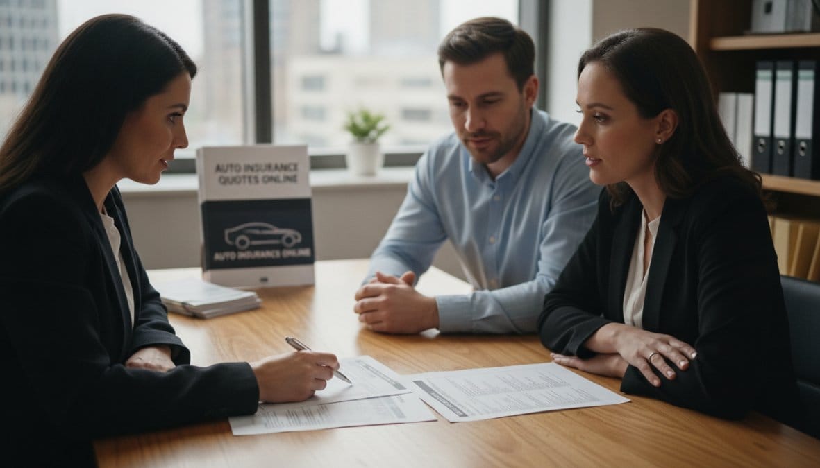 A licensed insurance agent sitting across from a couple at a table, reviewing printed policy documents and pointing to coverage details in a professional office environment with warm lighting