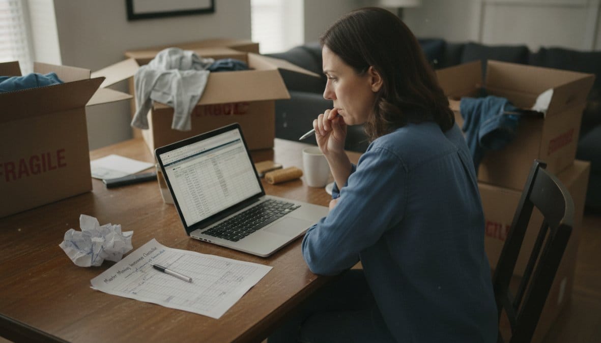 A person sitting at a kitchen table surrounded by labeled moving boxes, reviewing insurance documents on a laptop with a printed checklist and pen nearby, natural light from a window illuminating the scene