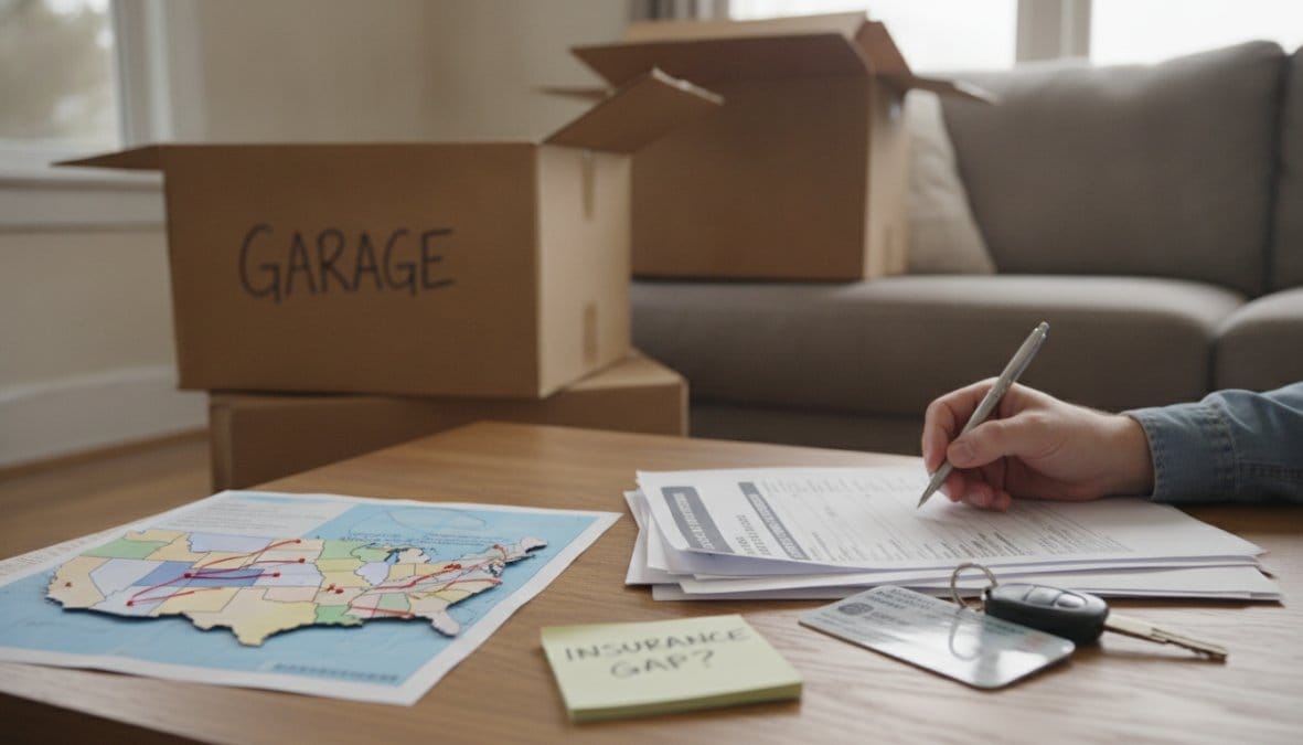 Close-up of a person's hands holding a car key and an insurance card next to an open laptop displaying an insurance carrier website, with cardboard moving boxes visible in a blurred background