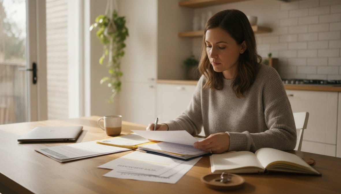 A homeowner sitting at a kitchen table reviewing insurance documents on a laptop, with a house key and notepad nearby, in a bright and modern home setting