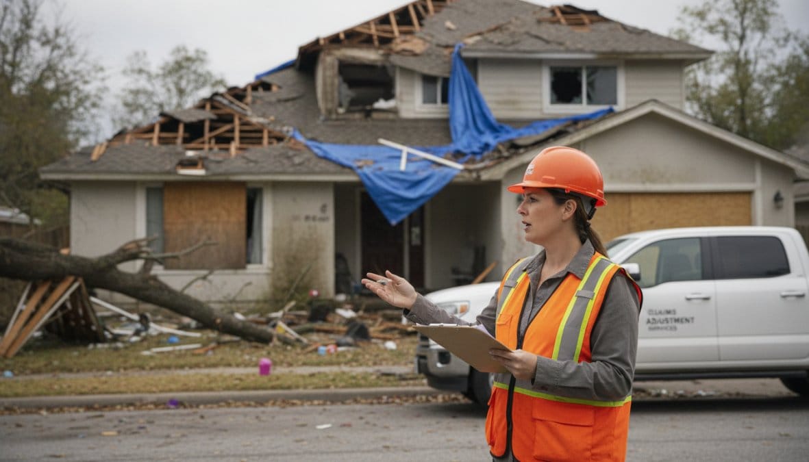An insurance adjuster in a safety vest inspecting storm damage on the exterior of a residential home, with a clipboard in hand and a damaged roof visible in the background