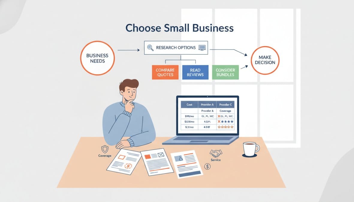 Small business owner in a well-lit office reviewing printed insurance policy documents spread across a wooden desk, with an open laptop displaying a quote comparison and a cup of coffee nearby
