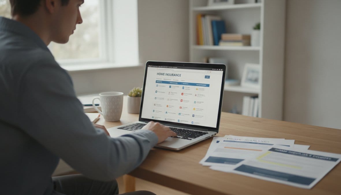 A person sitting at a clean home desk with a laptop open showing an insurance quote comparison page, printed home documents and a coffee mug nearby, bright natural light coming through a window in an organized home office setting