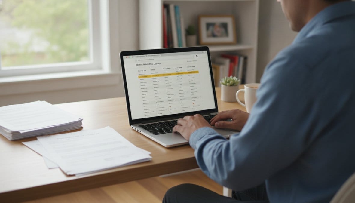 A homeowner smiling while reviewing insurance documents on a tablet, seated in a bright modern living room with plants and natural light, conveying confidence and financial ease