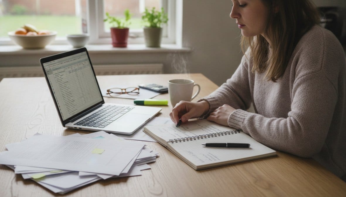A person sitting at a kitchen table with a laptop open, reviewing printed insurance documents and taking notes on a lined notepad, with a ceramic coffee cup nearby and warm morning light coming through a window