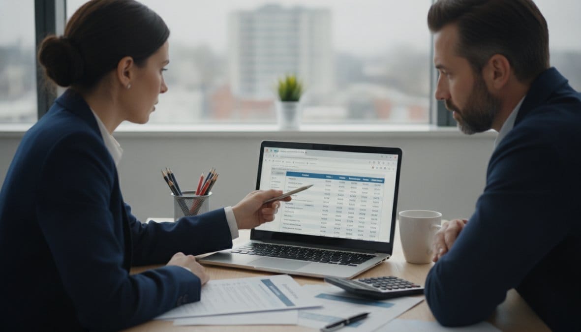 A licensed insurance agent in a professional office setting, pointing at a laptop screen displaying insurance options while a customer seated across the desk looks on attentively, with natural office lighting and a tidy desk in the background