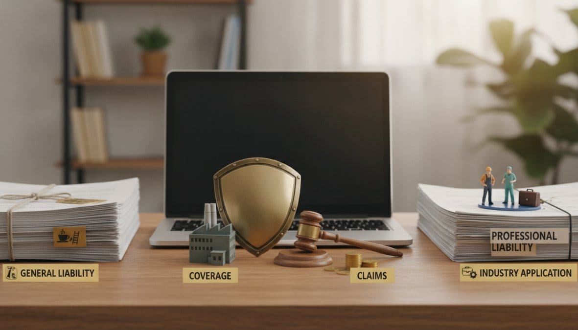A small business owner in a bright modern office, sitting at a wooden desk reviewing printed [insurance policy](/how-to-read-insurance-policy/) documents beside an open laptop and a coffee cup, with afternoon light coming through large windows