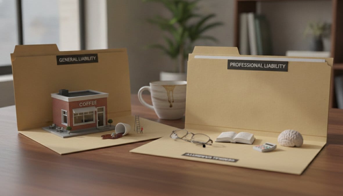 Business owner in a modern office reviewing two [insurance policy](/how-to-understand-insurance-policy-exclusions/) documents side by side on a desk, laptop open with a coffee cup nearby, warm natural light from a window