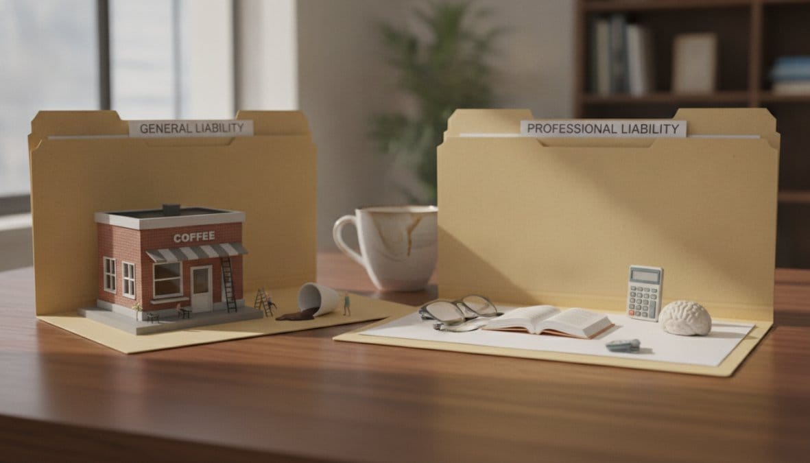 Two professionals in business attire sitting across a desk, one reviewing a printed insurance claim form while the other takes notes, bright modern office setting with city view in background