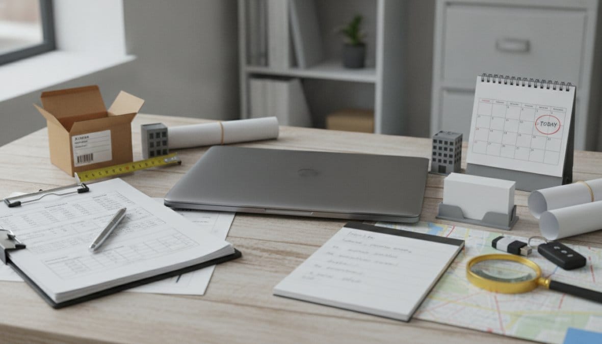 A small business owner sitting at a wooden desk reviewing printed documents and handwritten notes beside an open laptop, warm office lighting in the background