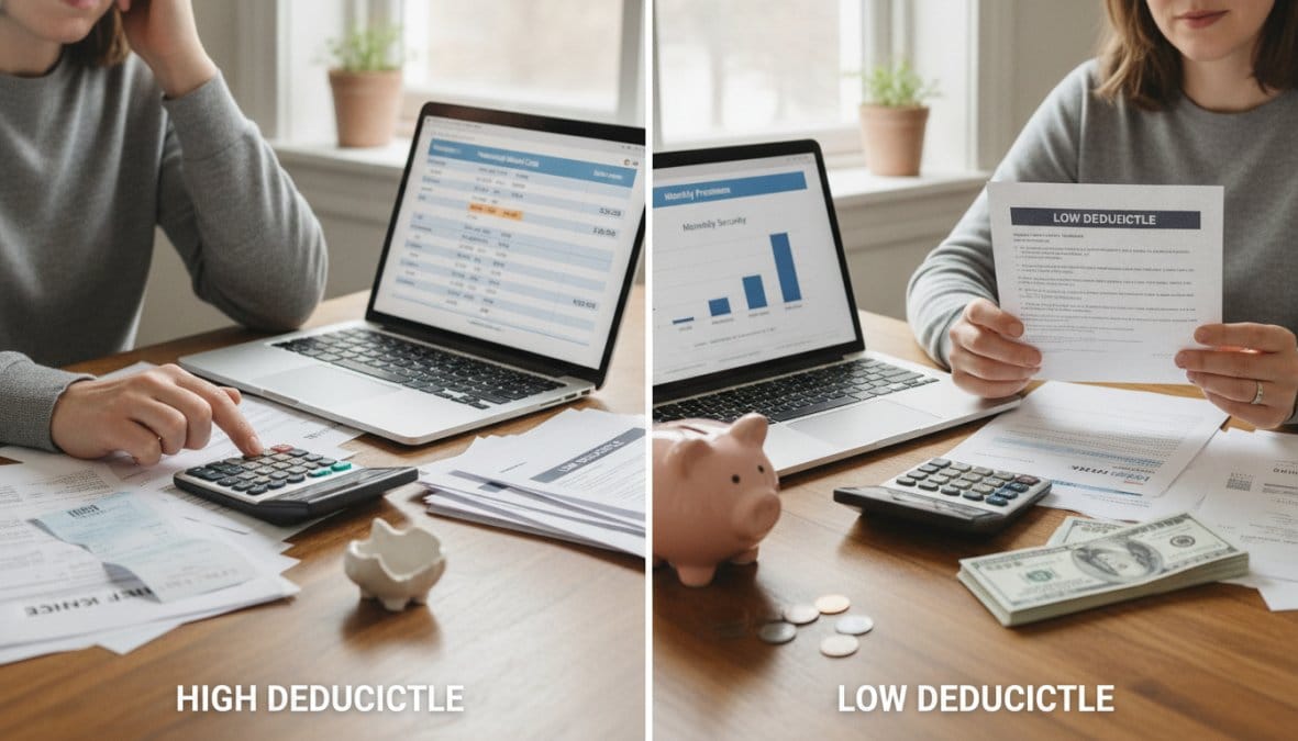 A person sitting at a kitchen table reviewing insurance documents with a calculator and pen, a laptop open beside them showing financial figures, warm natural light from a window