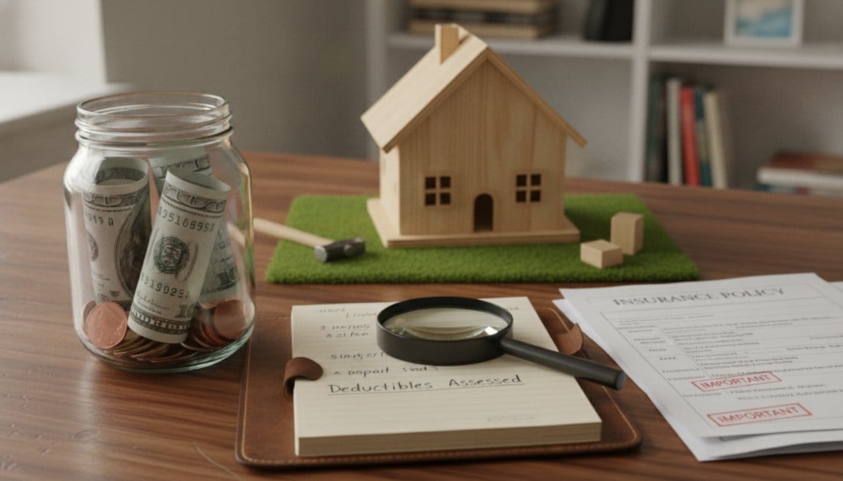 Close-up of a glass jar filled with coins with a small handwritten label reading 'Emergency Fund' sitting on a worn wooden desk beside a spiral notebook and a pen, soft natural window light