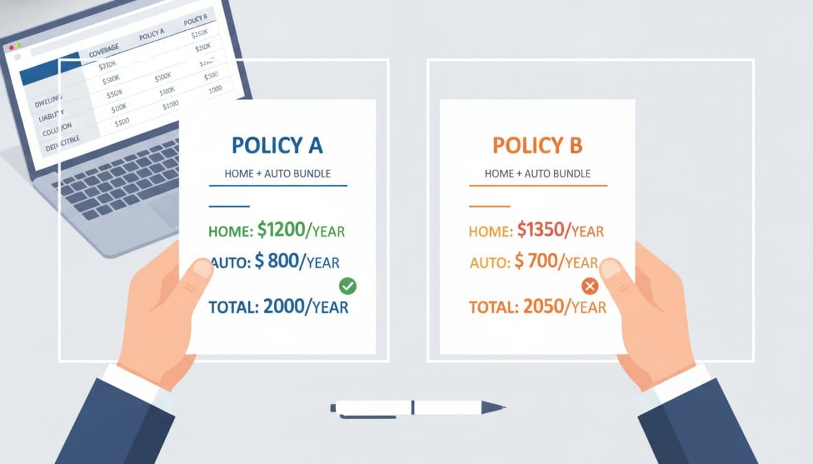 Close-up of two hands holding printed insurance quote documents side by side on a desk, with a pen and a laptop in the background showing an online insurance comparison portal, bright office lighting