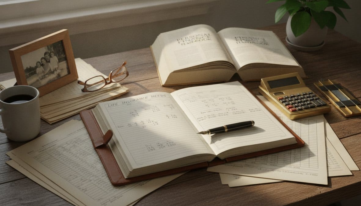 A person sitting at a kitchen table with a calculator, spiral notebook, and open laptop, surrounded by organized financial documents and bills under warm afternoon light