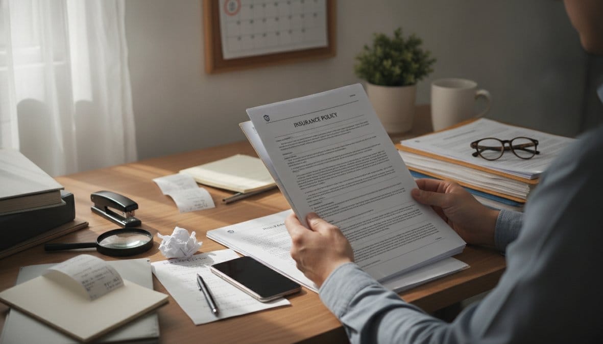 Person sitting at a clean home office desk, filling out insurance paperwork on a laptop with printed policy documents spread out nearby, a pen in hand and a smartphone showing a claims portal on the screen, warm natural window light