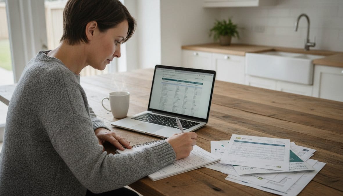 A homeowner sitting at a kitchen table with a laptop open, reviewing multiple insurance documents and taking notes on a notepad, with a cup of coffee nearby in a bright, modern home setting