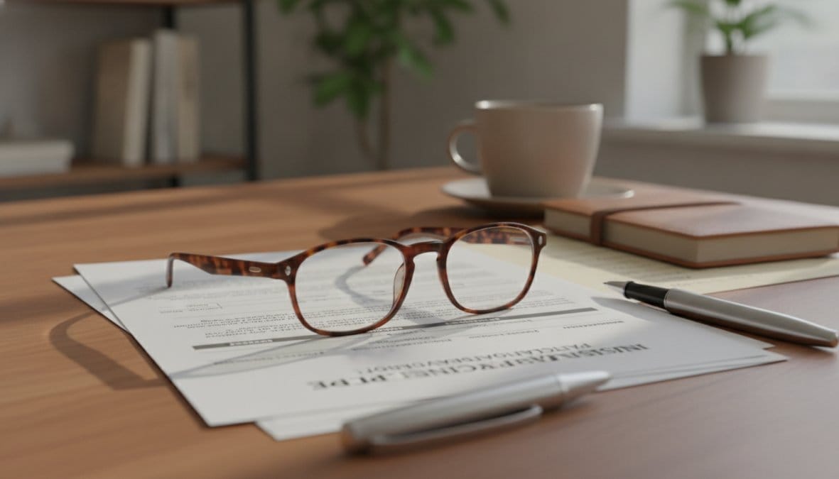 Close-up of a person's hands holding an insurance policy document on a wooden desk, with reading glasses resting on the page and a pen nearby, highlighting the declarations section under warm desk lamp lighting