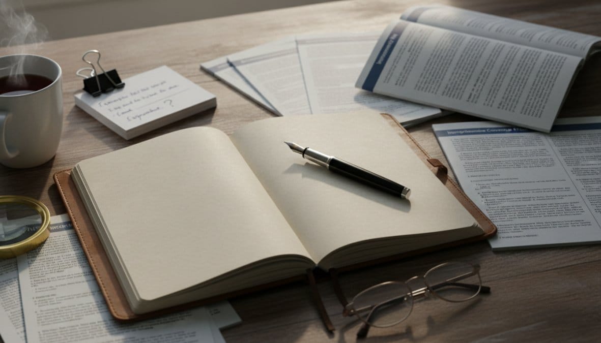 A professional in business casual attire sitting at a clean modern desk, reviewing printed insurance documents alongside a laptop, with a notepad and pen for taking notes, in a well-lit home office setting