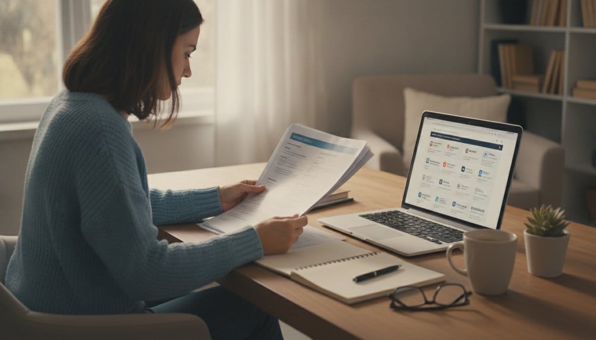 A person sitting at a home office desk reviewing printed insurance documents and comparing quotes on a laptop, with a notepad and pen nearby, warm natural light coming through a window