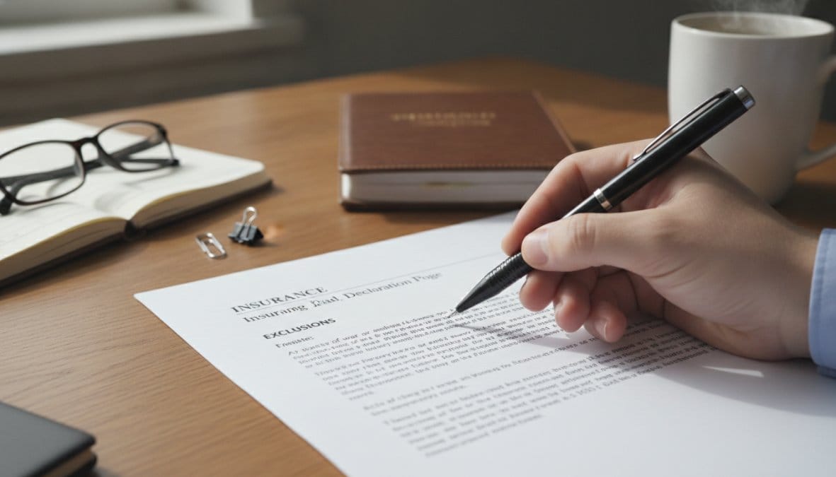 Close-up of a person's hands holding a printed insurance policy document on a wooden desk, with a pen pointing to a highlighted clause, a coffee mug and open laptop visible in the soft background lighting