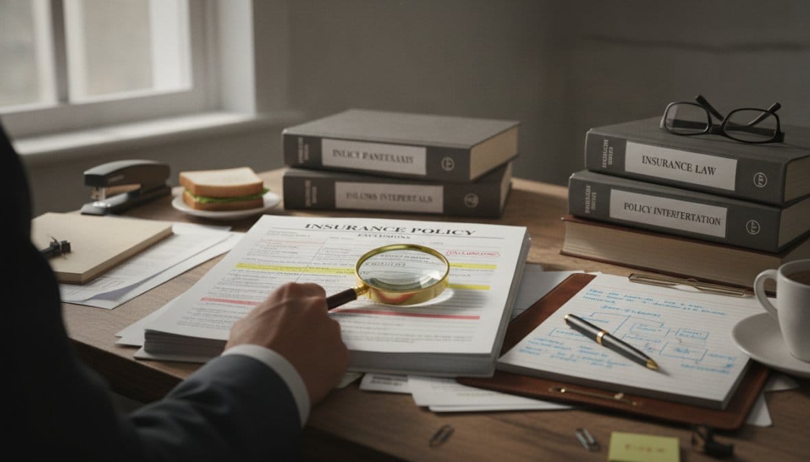 A professional in business attire sitting across a wide office desk from an insurance adjuster, both reviewing printed documents together under warm overhead lighting, focused expressions, a manila folder and pen visible on the desk surface