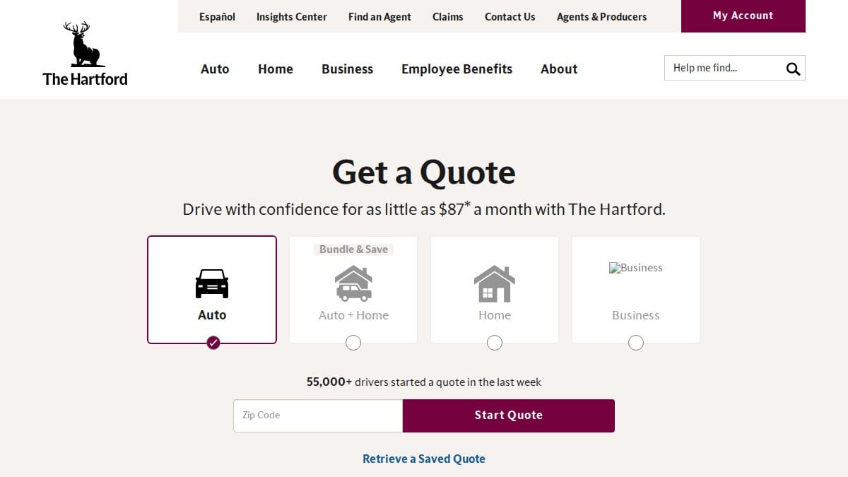 Screenshot of thehartford.com interface