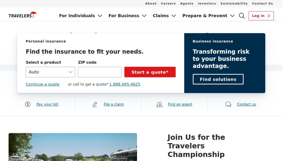 Screenshot of travelers.com interface