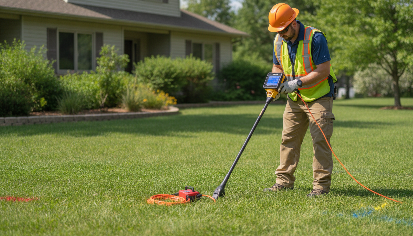 Technician inspecting underground utility service lines with pipe locator tools on lawn