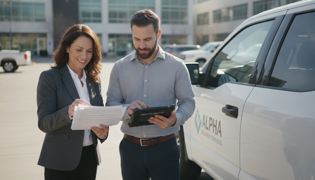 Small business owner reviewing commercial auto insurance coverage options with an advisor