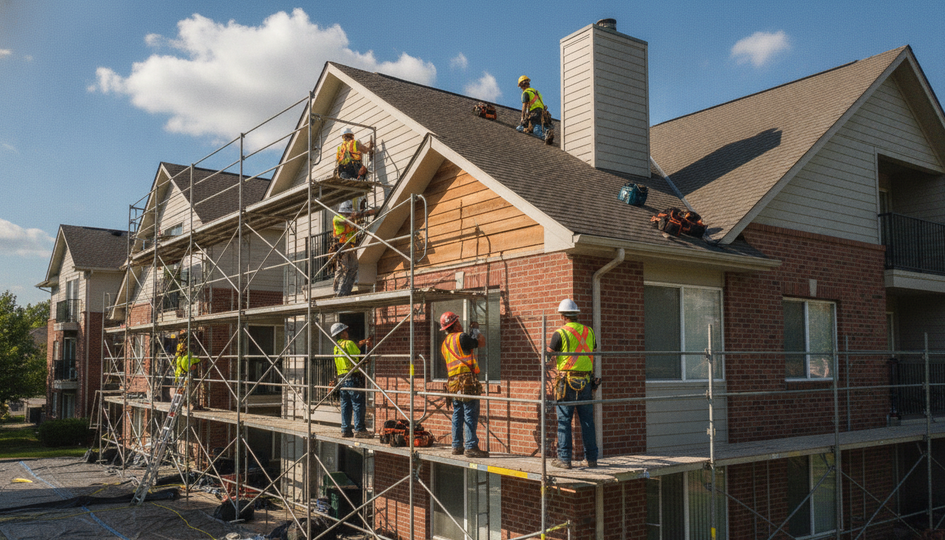 Condo building exterior restoration and roof repairs after severe storm damage