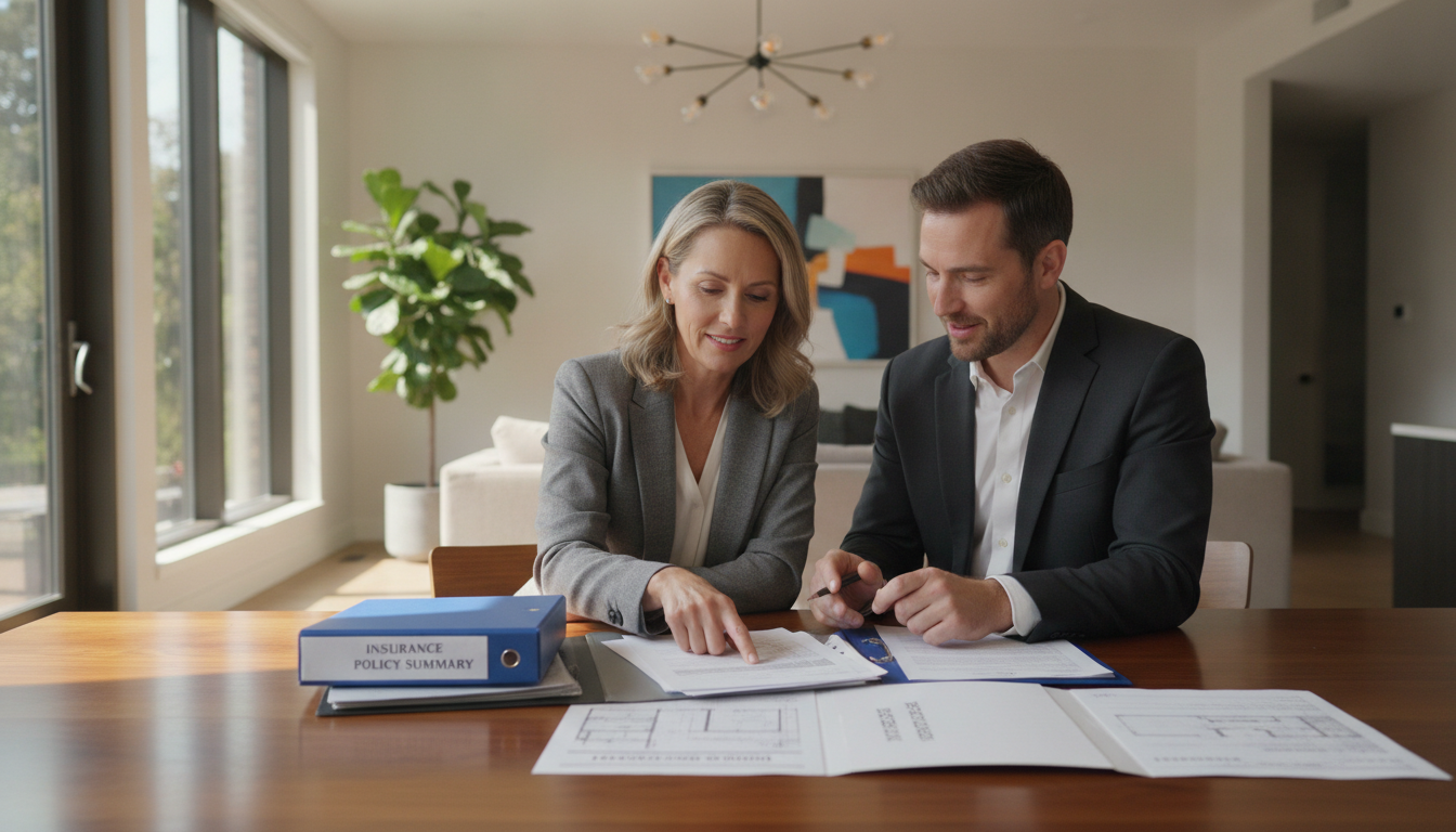 Homeowner reviewing dwelling reconstruction estimates and insurance policy terms with a contractor