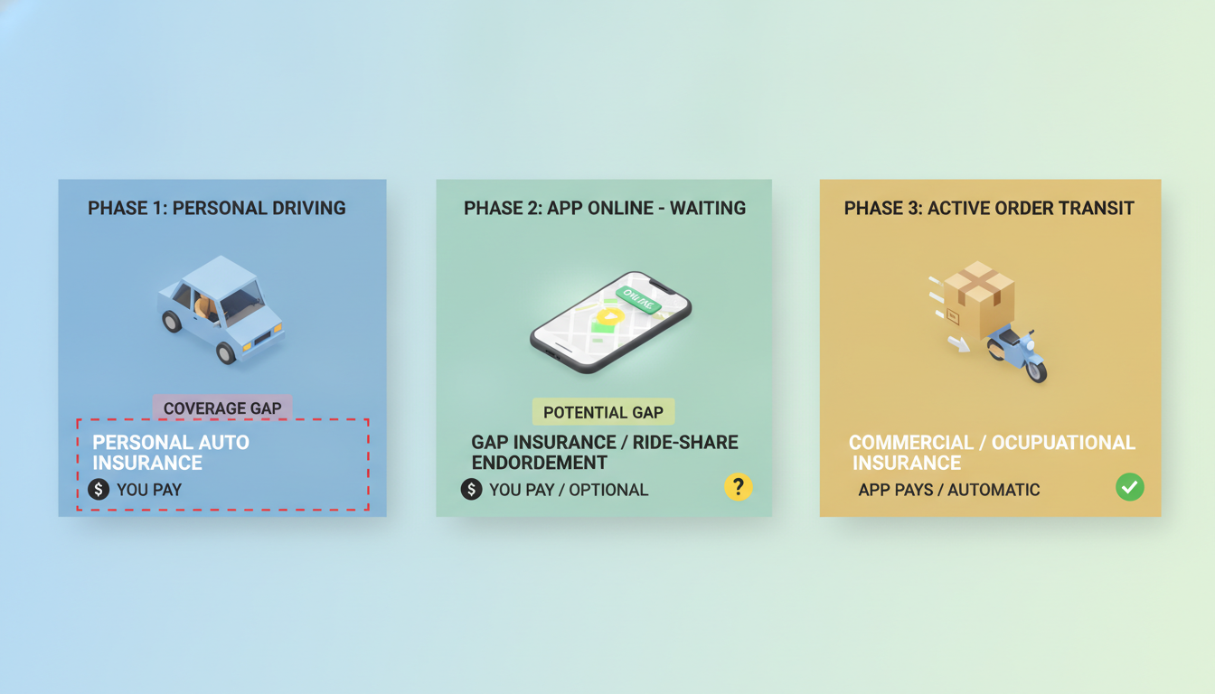 Infographic detailing the three insurance coverage phases for food delivery drivers