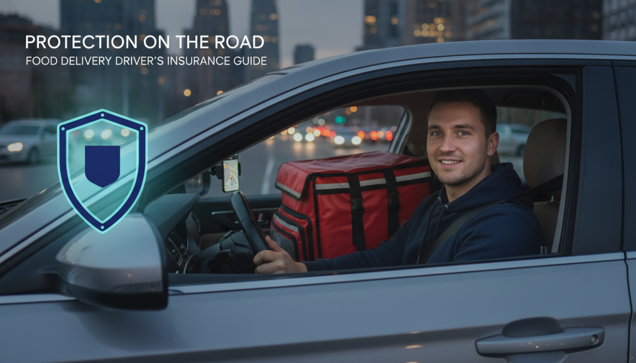 Delivery driver in car with thermal food bag and insurance protection shield